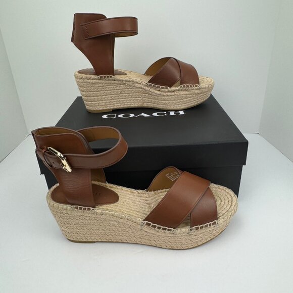 Coach Primrose Brown Leather Espadrille Platform Wedge Sandal - Picture 1 of 13